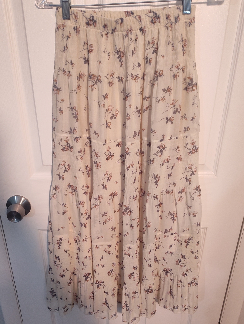 Cream Floral Tiered Maxi Skirt with Elastic Waist